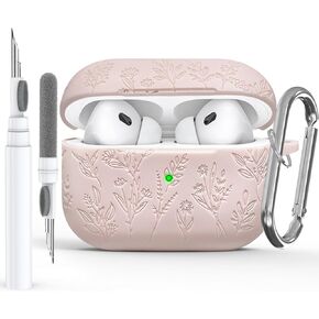 Flower Engraved Case for Apple AirPods Pro 2 Gen with Clean Kit,Soft Silicone Protective Case Cover for AirPod Pro 2nd/1st Generation Keychain,Lanyard,3 Pair Ear Tips,Front LED Visible,Pine Green