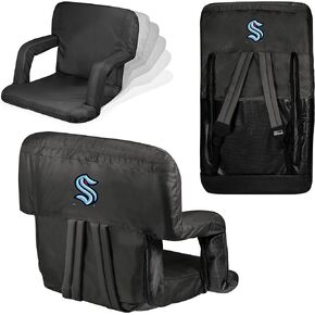 PICNIC TIME NHL Seattle Kraken Ventura Reclining Stadium Seat with Back Support, Bleacher Seat, Beach Floor Chair, (Black)