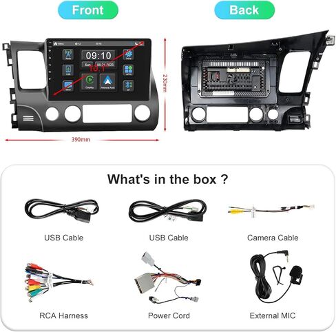 ستيريو سيارة لهوندا سيفيك مع Apple CarPlay اللاسلكي Android Auto، شاشة لمس 10.1 بوصة، لهوندا سيفيك 2006 2007 2008 2009 2010 2011، مع وصلة مرآة بلوتوث 4.0 FM/HiFi/SWC in Kuwait