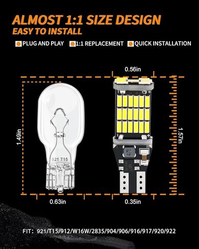 أحدث 921 912 W16W T15 906 904 922 لمبة LED للخلف، النسخ الاحتياطي، الفرامل الثالثة، التوقف، البضائع، ضوء وقوف السيارات، مع 45 4014 رقاقة، 1200 لومن، 8000 ك أبيض، غير قطبية 9-18 فولت (مجموعة من 2) in Kuwait