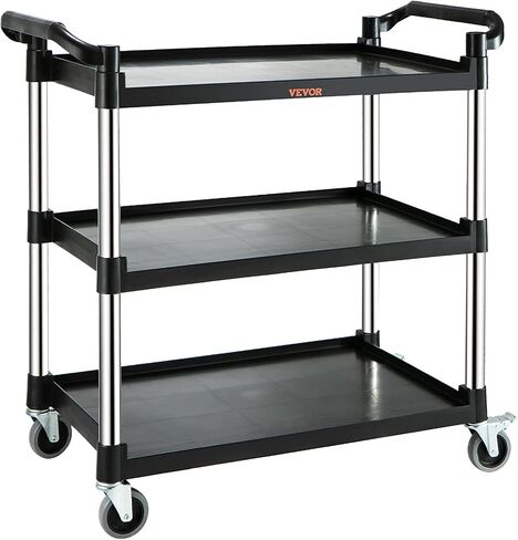 VEVOR Utility Service Cart, 3 Shelf Heavy Duty 154LBS Food Service Cart, Rolling Utility Cart with Lockable Wheels, 32.7" x 15.7" x 37.4" Plastic Utility Cart for Kitchen Office Restaurant Home, Black in Saudi Arabia