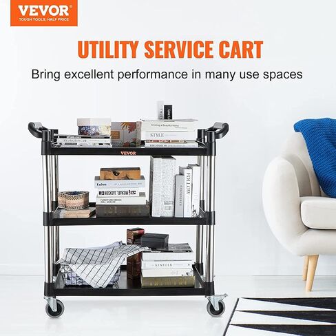 VEVOR Utility Service Cart, 3 Shelf Heavy Duty 154LBS Food Service Cart, Rolling Utility Cart with Lockable Wheels, 32.7" x 15.7" x 37.4" Plastic Utility Cart for Kitchen Office Restaurant Home, Black in Saudi Arabia