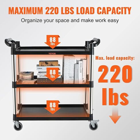 VEVOR Utility Service Cart, 3 Shelf Heavy Duty 154LBS Food Service Cart, Rolling Utility Cart with Lockable Wheels, 32.7" x 15.7" x 37.4" Plastic Utility Cart for Kitchen Office Restaurant Home, Black in Saudi Arabia