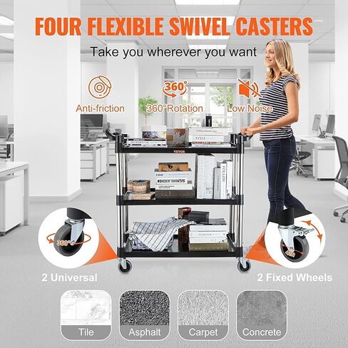 VEVOR Utility Service Cart, 3 Shelf Heavy Duty 154LBS Food Service Cart, Rolling Utility Cart with Lockable Wheels, 32.7" x 15.7" x 37.4" Plastic Utility Cart for Kitchen Office Restaurant Home, Black in Saudi Arabia