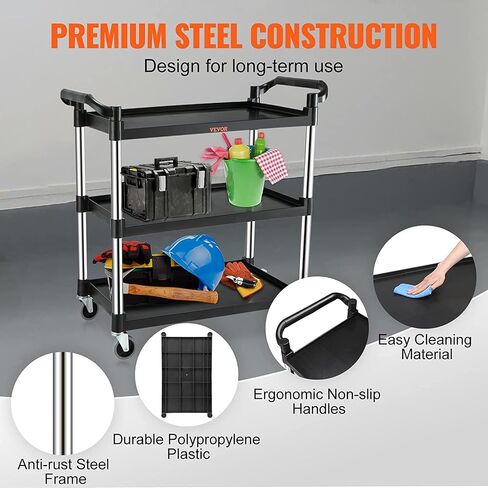 VEVOR Utility Service Cart, 3 Shelf Heavy Duty 154LBS Food Service Cart, Rolling Utility Cart with Lockable Wheels, 32.7" x 15.7" x 37.4" Plastic Utility Cart for Kitchen Office Restaurant Home, Black in Saudi Arabia