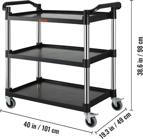 VEVOR Utility Service Cart, 3 Shelf Heavy Duty 154LBS Food Service Cart, Rolling Utility Cart with Lockable Wheels, 32.7" x 15.7" x 37.4" Plastic Utility Cart for Kitchen Office Restaurant Home, Black in Saudi Arabia