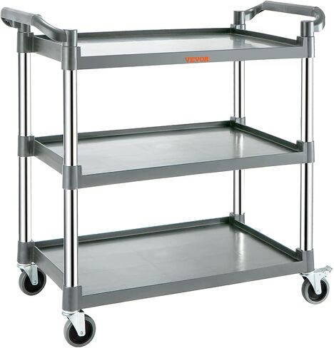 VEVOR Utility Service Cart, 3 Shelf Heavy Duty 154LBS Food Service Cart, Rolling Utility Cart with Lockable Wheels, 32.7" x 15.7" x 37.4" Plastic Utility Cart for Kitchen Office Restaurant Home, Black in Saudi Arabia