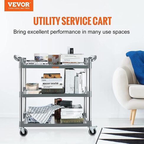 VEVOR Utility Service Cart, 3 Shelf Heavy Duty 154LBS Food Service Cart, Rolling Utility Cart with Lockable Wheels, 32.7" x 15.7" x 37.4" Plastic Utility Cart for Kitchen Office Restaurant Home, Black in Saudi Arabia