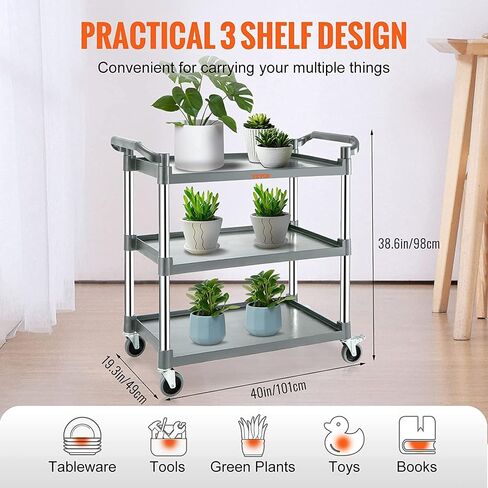 VEVOR Utility Service Cart, 3 Shelf Heavy Duty 154LBS Food Service Cart, Rolling Utility Cart with Lockable Wheels, 32.7" x 15.7" x 37.4" Plastic Utility Cart for Kitchen Office Restaurant Home, Black in Saudi Arabia