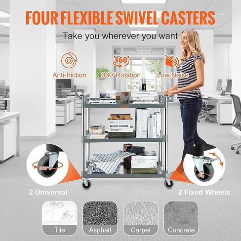 VEVOR Utility Service Cart, 3 Shelf Heavy Duty 154LBS Food Service Cart, Rolling Utility Cart with Lockable Wheels, 32.7" x 15.7" x 37.4" Plastic Utility Cart for Kitchen Office Restaurant Home, Black in Saudi Arabia