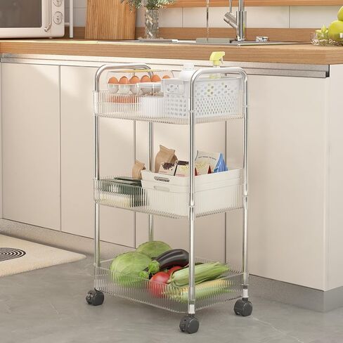 عربة دوارة من الأكريليك مكونة من 3 طبقات مع عجلات قفل، منظم ممتاز متعدد الاستخدامات للحمام والغسيل والمكتب - وحدة رفوف متنقلة شفافة وموفرة للمساحة مع سهولة التجميع in Kuwait