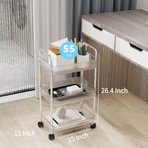 عربة دوارة من الأكريليك مكونة من 3 طبقات مع عجلات قفل، منظم ممتاز متعدد الاستخدامات للحمام والغسيل والمكتب - وحدة رفوف متنقلة شفافة وموفرة للمساحة مع سهولة التجميع in Kuwait