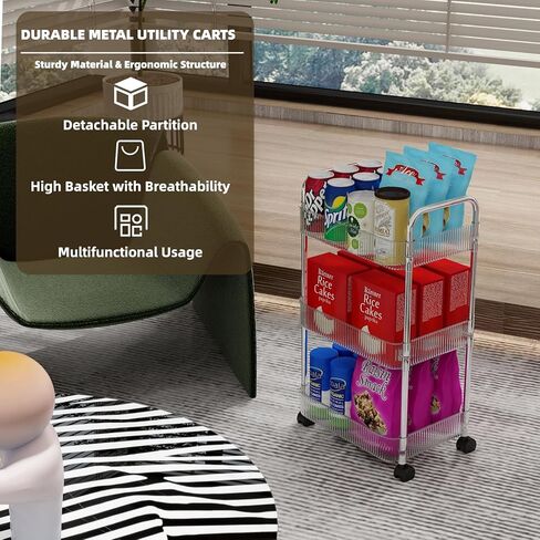 عربة دوارة من الأكريليك مكونة من 3 طبقات مع عجلات قفل، منظم ممتاز متعدد الاستخدامات للحمام والغسيل والمكتب - وحدة رفوف متنقلة شفافة وموفرة للمساحة مع سهولة التجميع in Kuwait