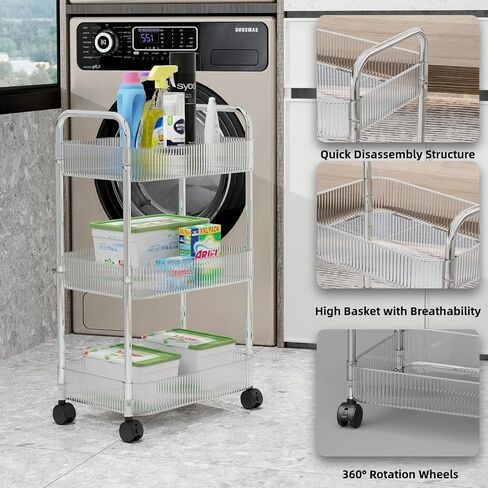 عربة دوارة من الأكريليك مكونة من 3 طبقات مع عجلات قفل، منظم ممتاز متعدد الاستخدامات للحمام والغسيل والمكتب - وحدة رفوف متنقلة شفافة وموفرة للمساحة مع سهولة التجميع in Kuwait