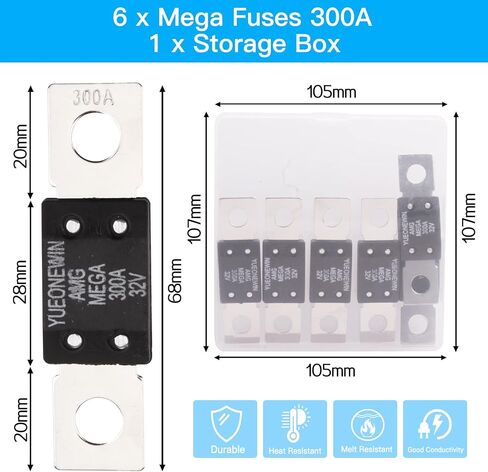 300A MEGA/AMG Fuses، 6 قطع 300A MEGA/AMG High Current Fuse Bolt Down Auto Fuse Time Delay للسيارات والشاحنات ومركبات البناء والحافلات والقوافل والبحرية (300A / 32V) in Kuwait