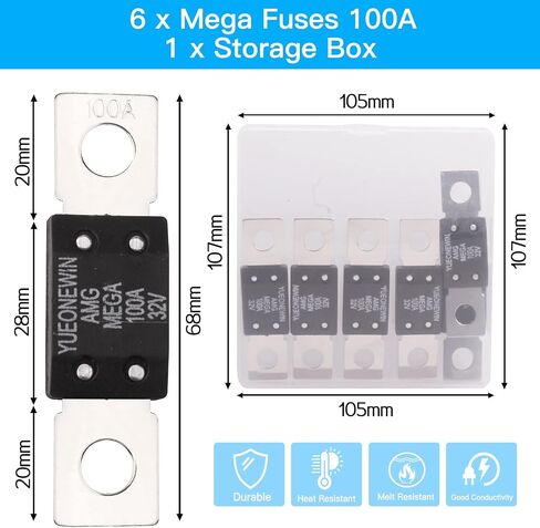 300A MEGA/AMG Fuses، 6 قطع 300A MEGA/AMG High Current Fuse Bolt Down Auto Fuse Time Delay للسيارات والشاحنات ومركبات البناء والحافلات والقوافل والبحرية (300A / 32V) in Kuwait