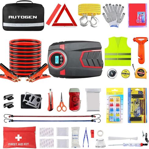 مجموعة طوارئ السيارة من AUTOGEN، مجموعات طوارئ السيارة للمركبات مع كابلات توصيل بطول 6 قياس 16 قدم، طقم سيارة الطوارئ على جانب الطريق مع ضاغط هواء، 88 قطعة أدوات الإسعافات الأولية الشتوية أداة السلامة في حالات الطوارئ in Kuwait