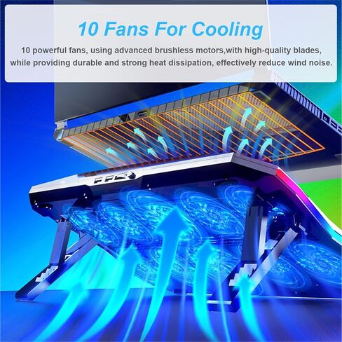 قاعدة تبريد كمبيوتر محمول للألعاب بـ 10 مراوح RGB مقاس 15-17.3 بوصة، وحامل تبريد مع 6 ارتفاعات قابلة للتعديل، ومبرد كمبيوتر محمول مع منفذي USB RGB in Kuwait
