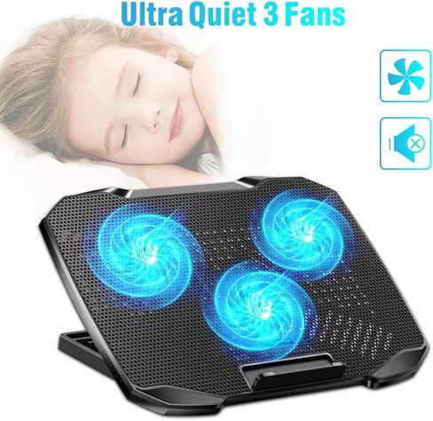 وسادة تبريد للكمبيوتر المحمول LIANGSTAR، مبرد كمبيوتر محمول كبير 3 مراوح لحامل تبريد الكمبيوتر المحمول مقاس 10-15.6 بوصة، وسادة تبريد للألعاب مع 5 ارتفاعات قابلة للتعديل، ومنفذي USB وحامل هاتف، والتحكم في سرعة المروحة in Kuwait
