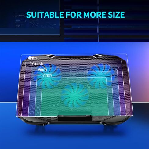 وسادة تبريد للكمبيوتر المحمول LIANGSTAR، مبرد كمبيوتر محمول كبير 3 مراوح لحامل تبريد الكمبيوتر المحمول مقاس 10-15.6 بوصة، وسادة تبريد للألعاب مع 5 ارتفاعات قابلة للتعديل، ومنفذي USB وحامل هاتف، والتحكم في سرعة المروحة in Kuwait