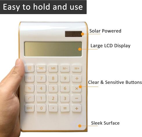 Calculator, Slim Elegant Design, Office/Home Electronics, Dual Powered Desktop Calculator, Solar Power, 10 Digits, Tilted LCD Display, Inclined Design, White,1- Pack in Kuwait