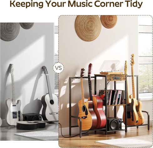 حامل جيتار مع 4 حوامل جيتار، حامل جيتار متعدد الطبقات من 3 طبقات للجيتار الكهربائي، باس، مع محطة شحن وحماية مبطنة ناعمة لغرفة الموسيقى في الاستوديو المنزلي، بني ريفي GS01BR in Kuwait