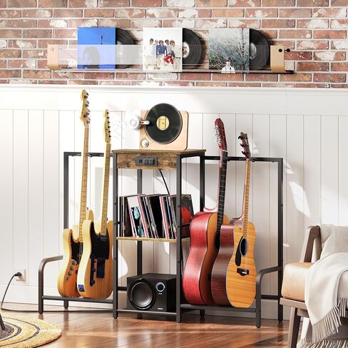 حامل جيتار مع 4 حوامل جيتار، حامل جيتار متعدد الطبقات من 3 طبقات للجيتار الكهربائي، باس، مع محطة شحن وحماية مبطنة ناعمة لغرفة الموسيقى في الاستوديو المنزلي، بني ريفي GS01BR in Kuwait