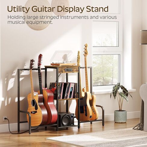 حامل جيتار مع 4 حوامل جيتار، حامل جيتار متعدد الطبقات من 3 طبقات للجيتار الكهربائي، باس، مع محطة شحن وحماية مبطنة ناعمة لغرفة الموسيقى في الاستوديو المنزلي، بني ريفي GS01BR in Kuwait