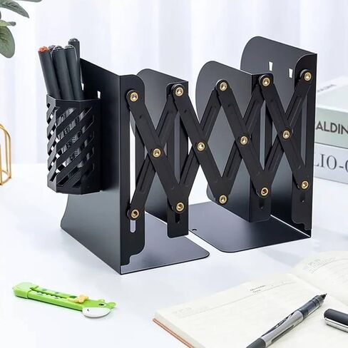 Adjustable Bookends,Metal Book Ends for Shelves to Hold Books Heavy Duty,Book Stoppers,Book Organizer for Desk with Pen Holder in Saudi Arabia