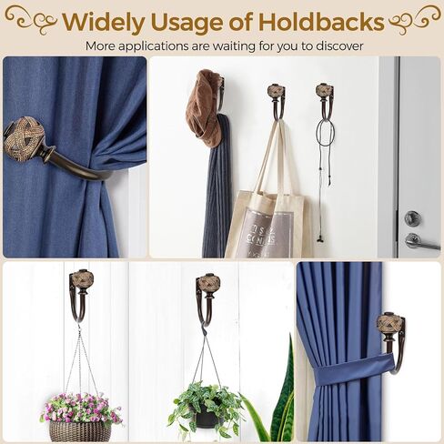 2 Pack Black Curtain Holdbacks, Decorative Window Drapery Tiebacks, Curtain Tie Back Hooks for Wall with Leaf Finials (4.3" L x 3.3" W) in Saudi Arabia