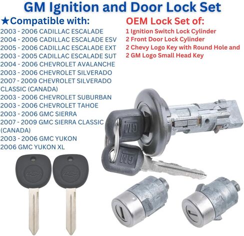 OEM New Set GM Lock Cylinder Replacement Ignition Lock and 2 Front Door Lock Suitable For Select Chevy Silverado Tahoe Sierra Escalade Plus 2 Chevy Logo Round Hole Key and 2 GM Logo Key (P/N: 7012945) in Saudi Arabia