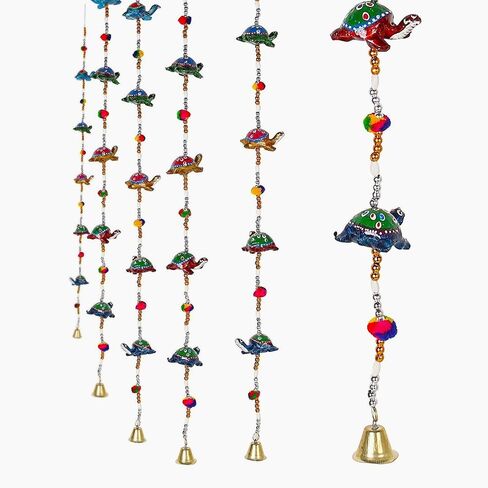 BINDNI 5 Elephant Indian Door Hanging Decoration with Small Bell Multicolor - Pack of 2 Decorative Diwali Feng Shui Hand Painted Elephants Beads Wall String Latkan for Window Room Decor in Saudi Arabia