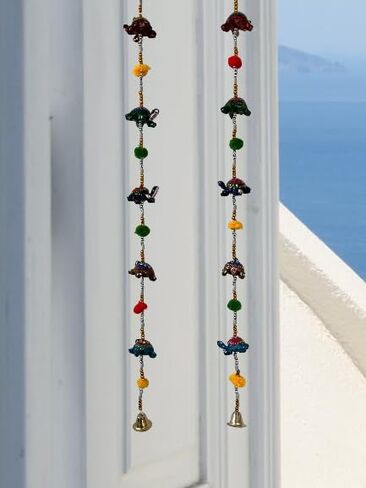 BINDNI 5 Elephant Indian Door Hanging Decoration with Small Bell Multicolor - Pack of 2 Decorative Diwali Feng Shui Hand Painted Elephants Beads Wall String Latkan for Window Room Decor in Saudi Arabia