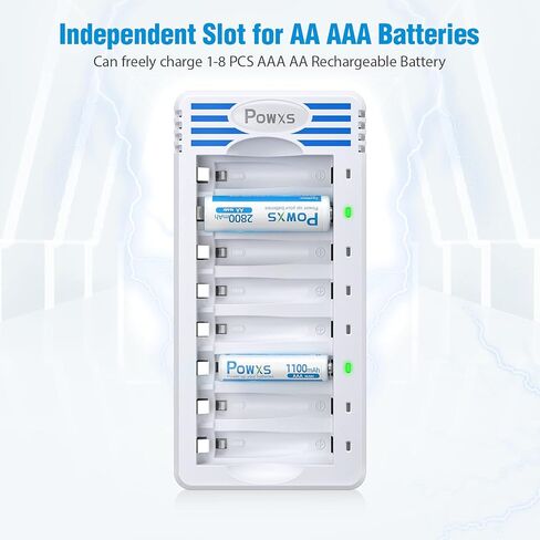 POWXS 8 Bay AA AAA Batteries Charger, Independent and Fast Battery Charger for 1.2V Ni-MH Ni-CD AA Triple AAA Rechargeable Batteries with Convenient USB Cable in Kuwait