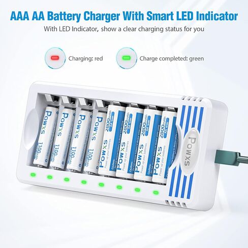 POWXS 8 Bay AA AAA Batteries Charger, Independent and Fast Battery Charger for 1.2V Ni-MH Ni-CD AA Triple AAA Rechargeable Batteries with Convenient USB Cable in Kuwait