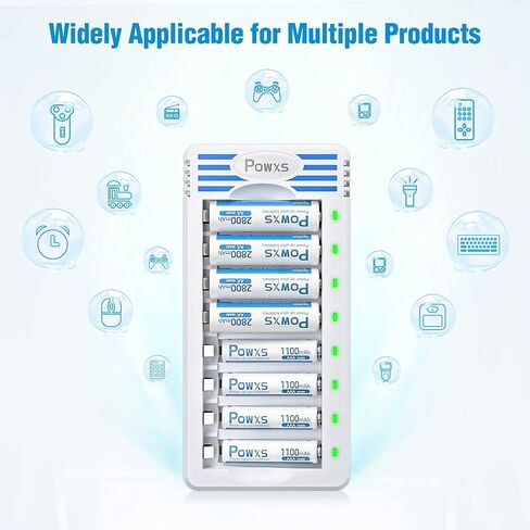 POWXS 8 Bay AA AAA Batteries Charger, Independent and Fast Battery Charger for 1.2V Ni-MH Ni-CD AA Triple AAA Rechargeable Batteries with Convenient USB Cable in Kuwait