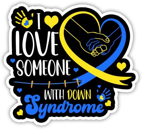 (مجموعة من 3) - ملصق I Love Someone with Down Syndrome، ملصقات على شكل قلب للتوعية بشريط أزرق وأصفر للكمبيوتر المحمول وزجاجة مياه وإكسسوارات الهاتف وخوذة نافذة ممتص الصدمات للسيارة، ملصق مقاس 3 × 4 بوصة in Kuwait