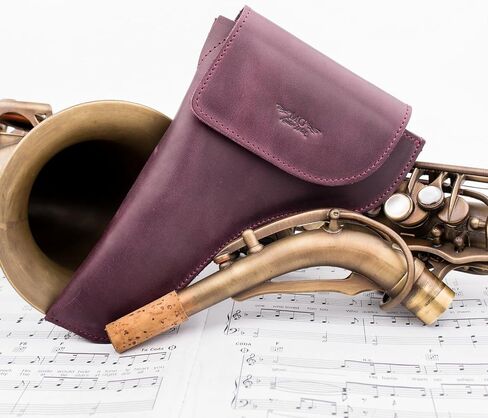 حقيبة رقبة Alto/Tenor Saxophone مصنوعة من جلد Crazy Horse الأصلي من MG Leather Work. حقيبة ساكس للرقبة، حامل رقبة ألتو تينور الساكسفون وإكسسوارات الساكسفون (ألتو، أسود) in Kuwait