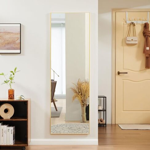 Sweetcrispy 59"x16" Floor Standing Mirror, Wall Mirror with Stand, Full Length Aluminum Alloy Thin Frame Hanging or Leaning for Living Room Bedroom Cloakroom, Gold in Kuwait