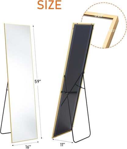 Sweetcrispy 59"x16" Floor Standing Mirror, Wall Mirror with Stand, Full Length Aluminum Alloy Thin Frame Hanging or Leaning for Living Room Bedroom Cloakroom, Gold in Kuwait