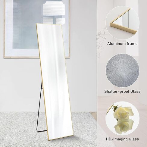 Sweetcrispy 59"x16" Floor Standing Mirror, Wall Mirror with Stand, Full Length Aluminum Alloy Thin Frame Hanging or Leaning for Living Room Bedroom Cloakroom, Gold in Kuwait