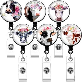 6 Pieces Cow Badge Reels Cute Retractable Nurse Badge Holder Pulls with Clip Funny Name Tag Reel Clip for Name ID Tag Nurse Doctor Teacher Student