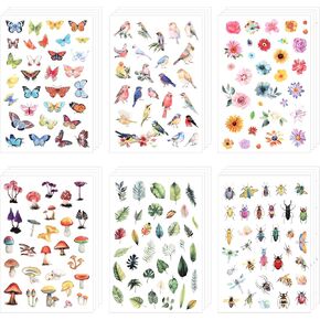 24 Sheets Assorted Stickers, 6 Styles Spring Stickers Butterflies Flowers Leaves Mushrooms Birds Animals Decals Small Sticker Aesthetic Labels for Kids Scrapbook Journals Decorations