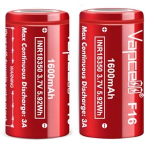 Vapcell Flat Top 18350 3.7V 1600MAH 3A تصريف مرتفع استنزاف IMR LI-ON بطارية ليثيوم قابلة للشحن 2 عبوة