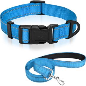 طوق الكلب Joytale (10-16 ") و 6 قدم × 3/4" مجموعة الكلاب العريضة ، طوق نايلون عاكس وقابل للتعديل ومقود مقبض مبطن للكلاب الصغيرة ، السماء الأزرق ، S.
