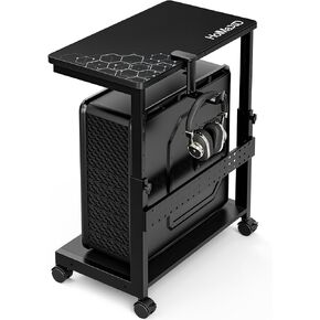 Height Adjustable Computer Tower Stand, 2-Tier ATX-Case CPU Holder with Mouse Pad & Headphone Stand, Mobile PC Standing Under Desk, Home Office Gaming Accessories, Computer Cart Wheels, Black