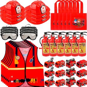 42 Pcs Kids Fireman Role Play Costume Set Firefighter Vest Dress Up Pretend Fire Chief Outfit With Toy Accessories for Boys Girls Halloween Cosplay Party Favors Career Day