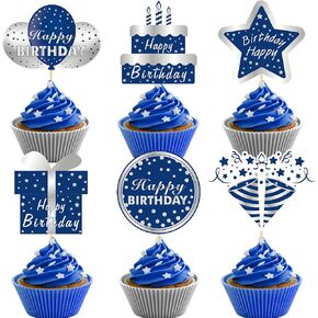 36pcs عيد ميلاد سعيد كعكة القبعات الزخارف للرجال الأولاد ، زرقاء الفضة كب كيك توببر ديكور ليوم 10 13th 18th 21 21 30th 50th 60th حفلة عيد ميلاد اللوازم