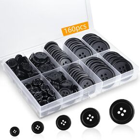 160 PCS أزرار الخياطة السوداء ، 5 أحجام زر خياطة مختلطة ، أزرار حرفية ، زر سراويل زر القميص ، أزرار مزخرفة ، مثالية للخياطة ، DIY ، بدلات ، جينز ، زينة وغيرها من الخياطة المرتبطة بالملابس