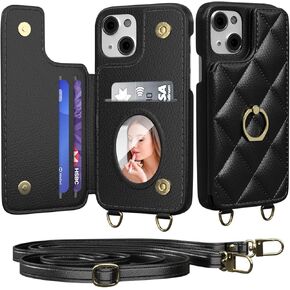 Crossbody Wallet with Cosmetic Mirror Case for iPhone 15 Pro Max, UP Leather Case with Card Slots Invisible Stand, Women Detachable Lanyard 6.7-Inch Phone Case White